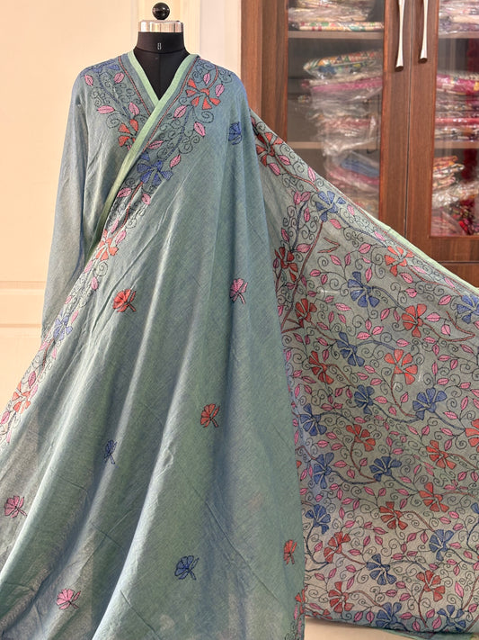 Kantha stitch Hand Embroidered Pure mul Cotton Saree