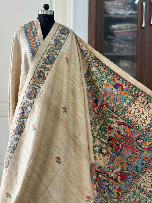Pure Tussar Ghicha Silk Handcrafted Madhubani Saree (Silk Marked)