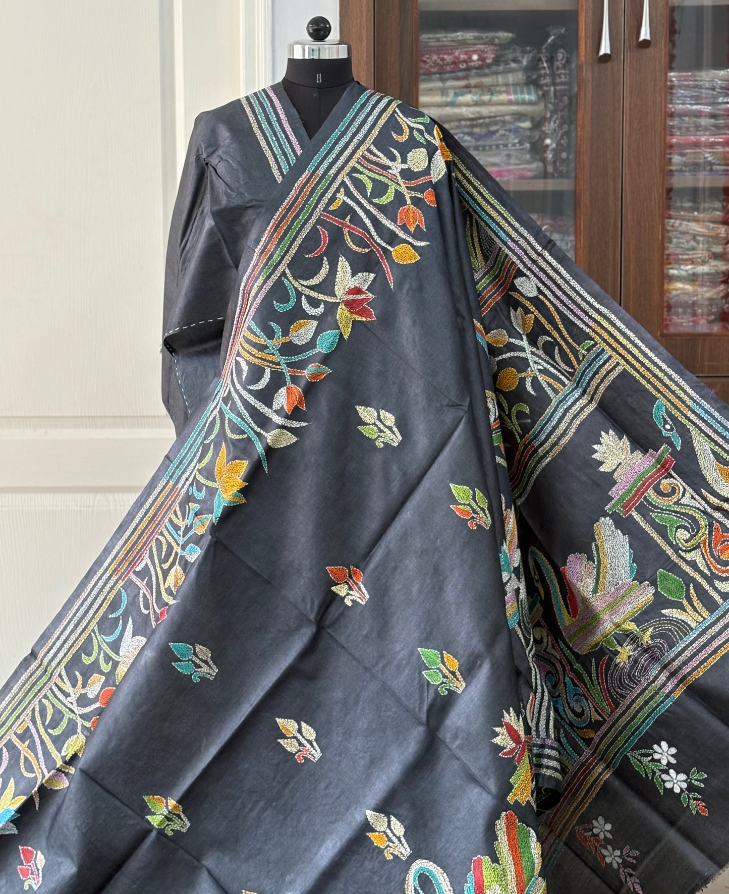 Kantha Hand Embroidered Pure Tussar Silk Saree