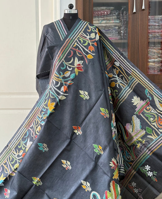 Kantha Hand Embroidered Pure Tussar Silk Saree