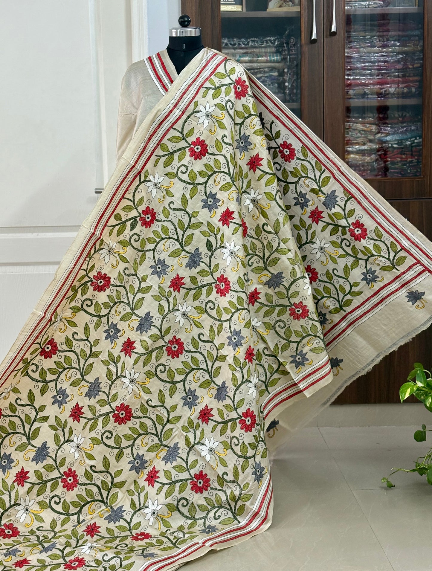 Kantha Stitch Hand Embroidered Pure Gachi by Gachi Tussar Silk Saree (Silk Marked)