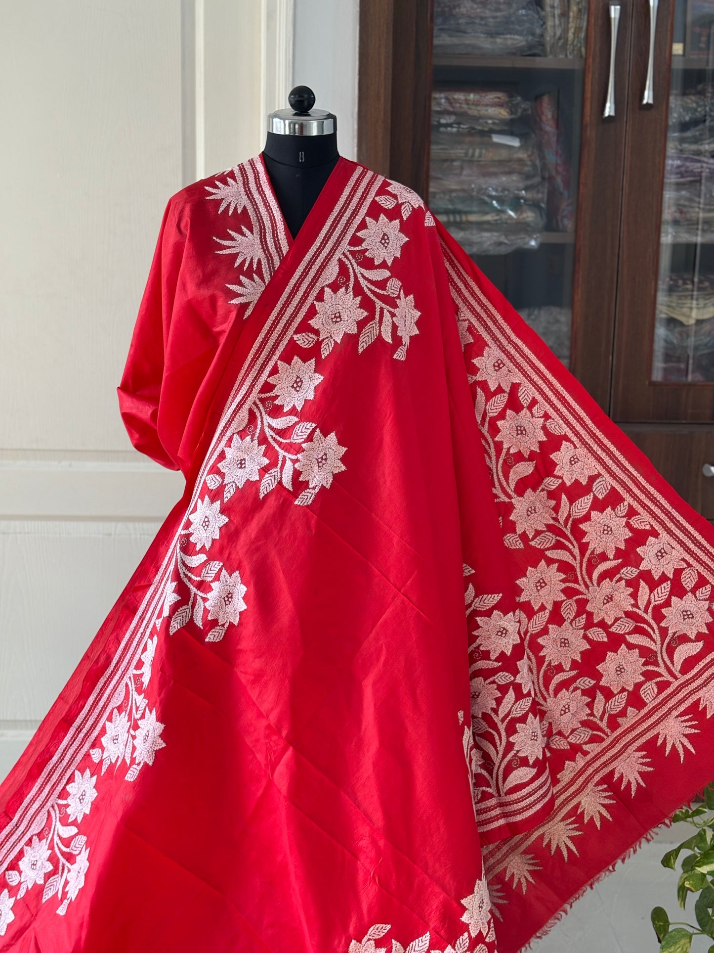 Kantha Stitch Hand Embroidered Pure Banglore Silk Saree (Silk Marked)