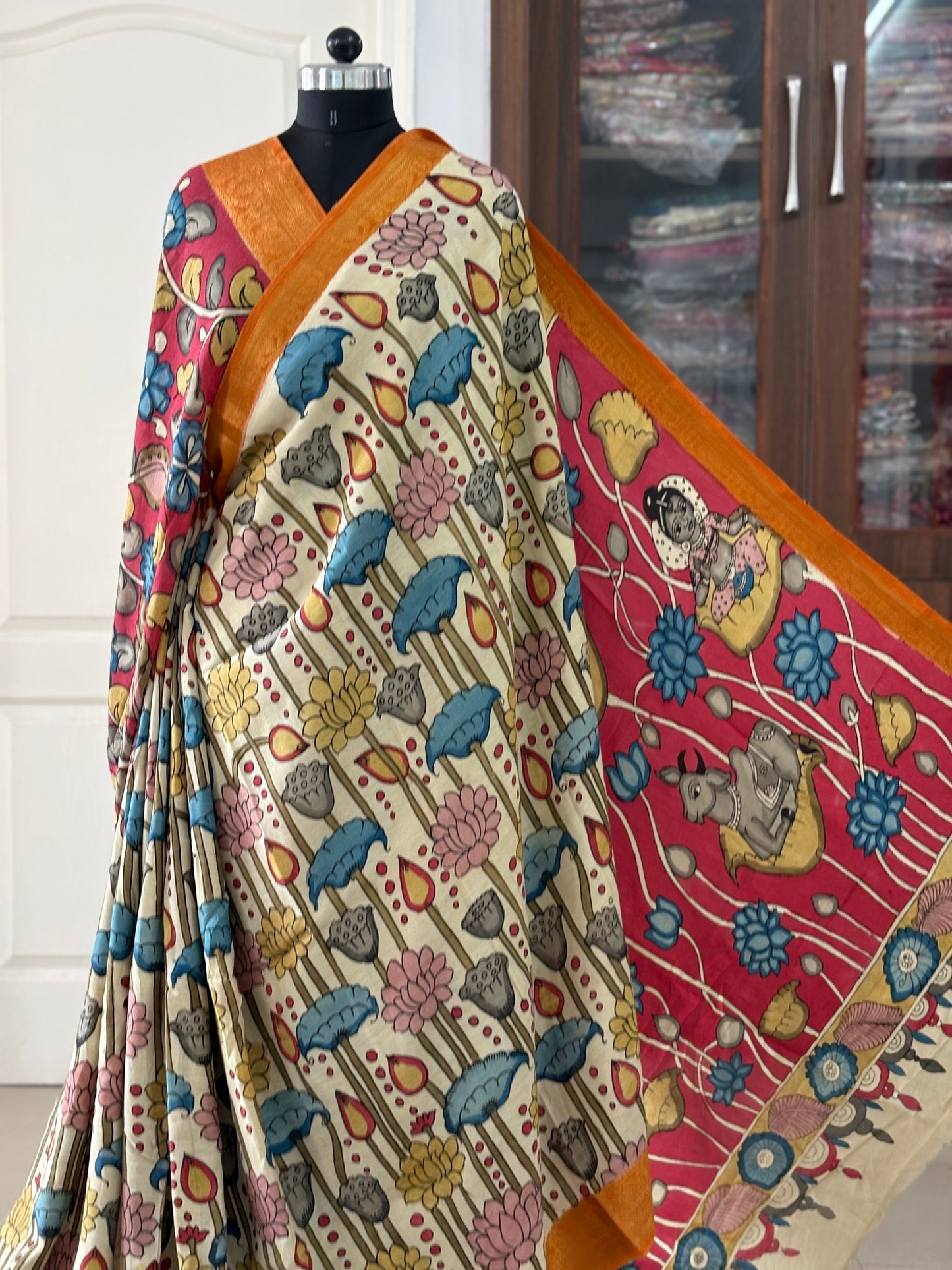 Pen Kalamkari hand painted Banglore Silk Saree with blouse