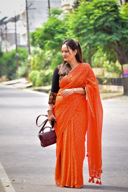 Polka Dot Saree With Blouse | Mul Cotton | Orange