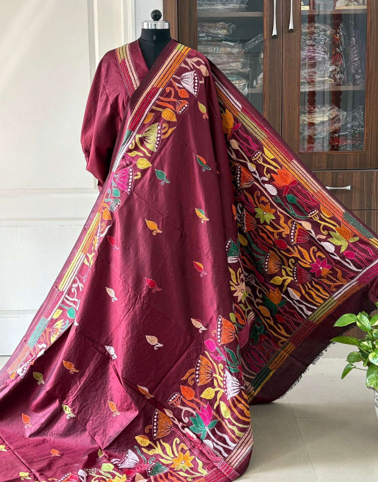 Kantha Stitch Hand Embroidered Pure Banglore Silk Saree (Silk Marked)