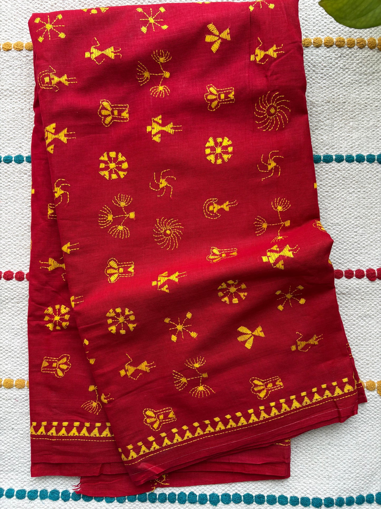 Kantha Stitch Hand-Embroidered Saree | Khadi Cotton | Red