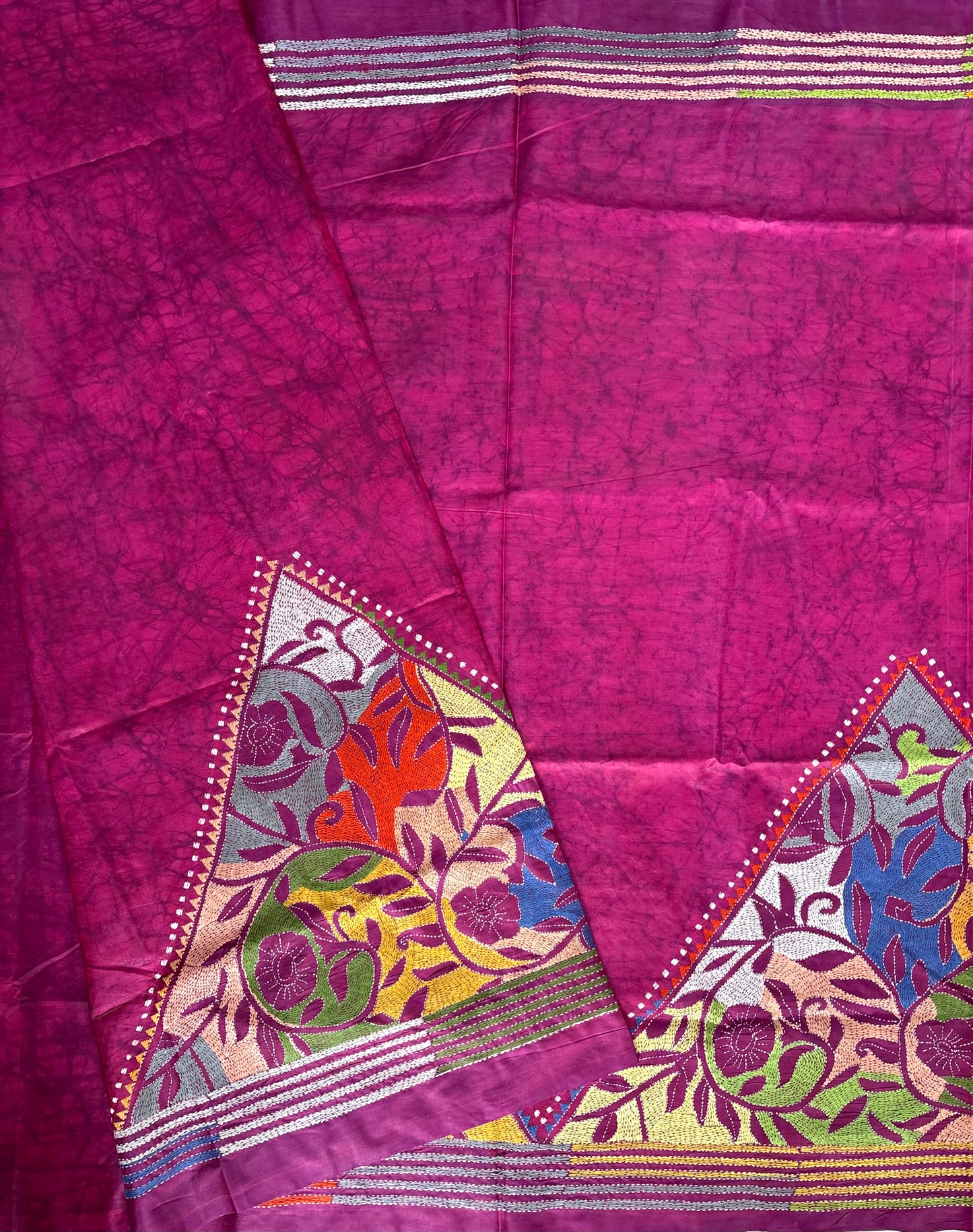 Reverse Kantha Stitch Hand Embroidered Art Silk Saree With Blouse