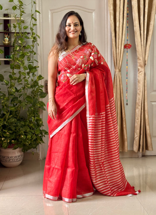 Pure Linen Saree With running Blouse - tomato Red