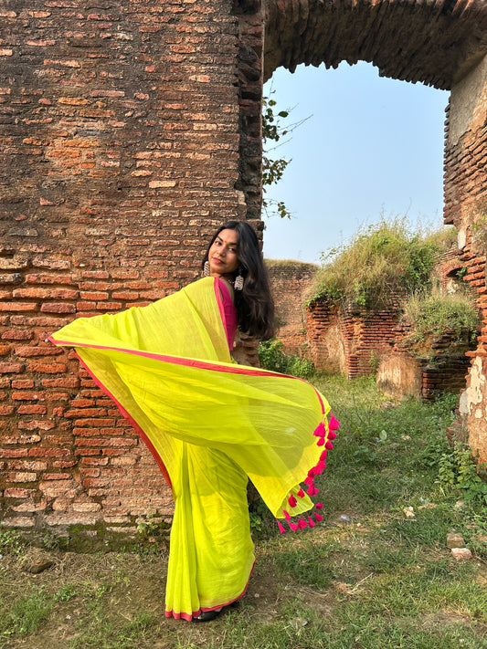 Plain Mul Cotton Saree- Florocent Green