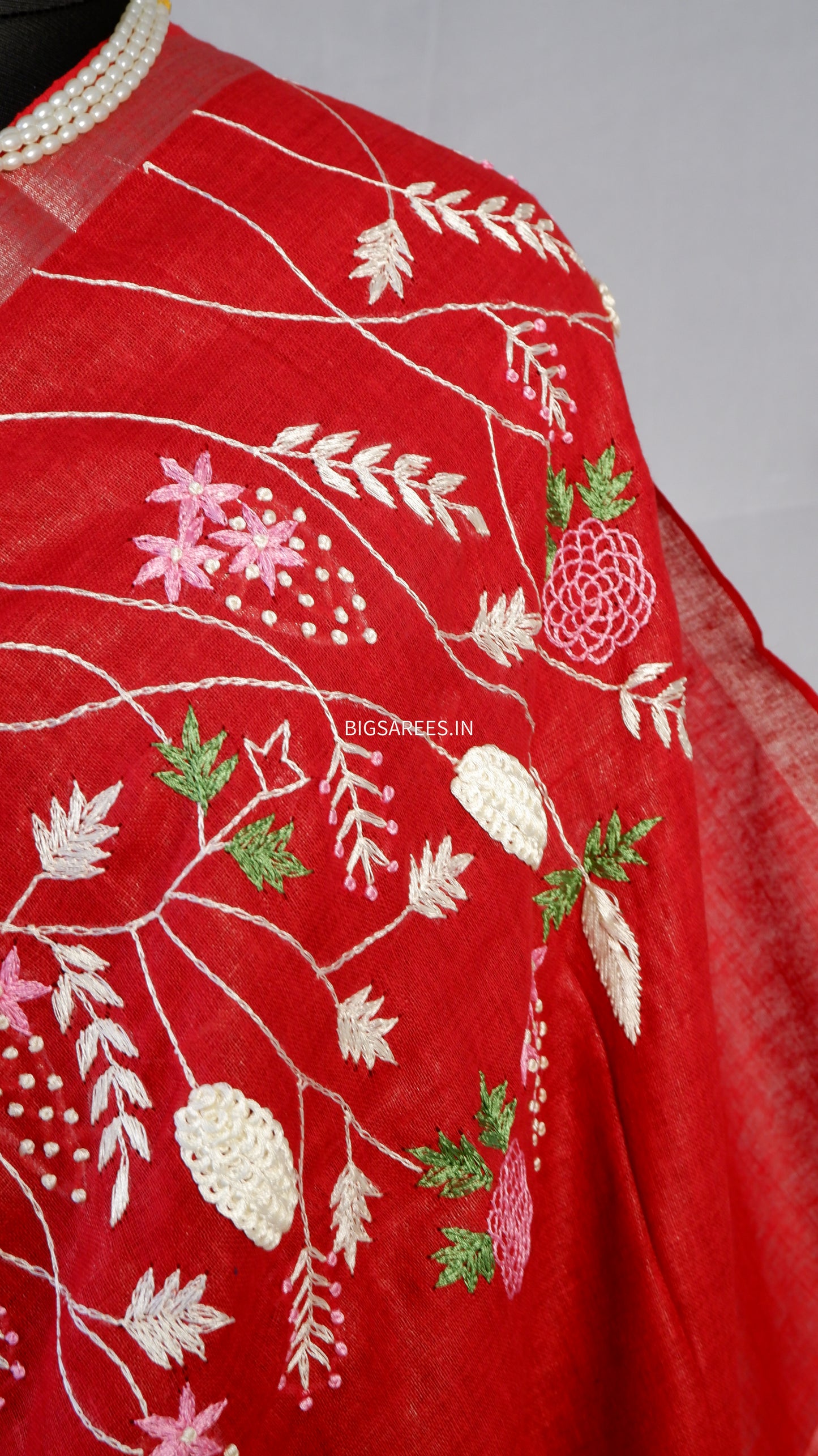 Pure Linen Saree With running Blouse - Dark Red