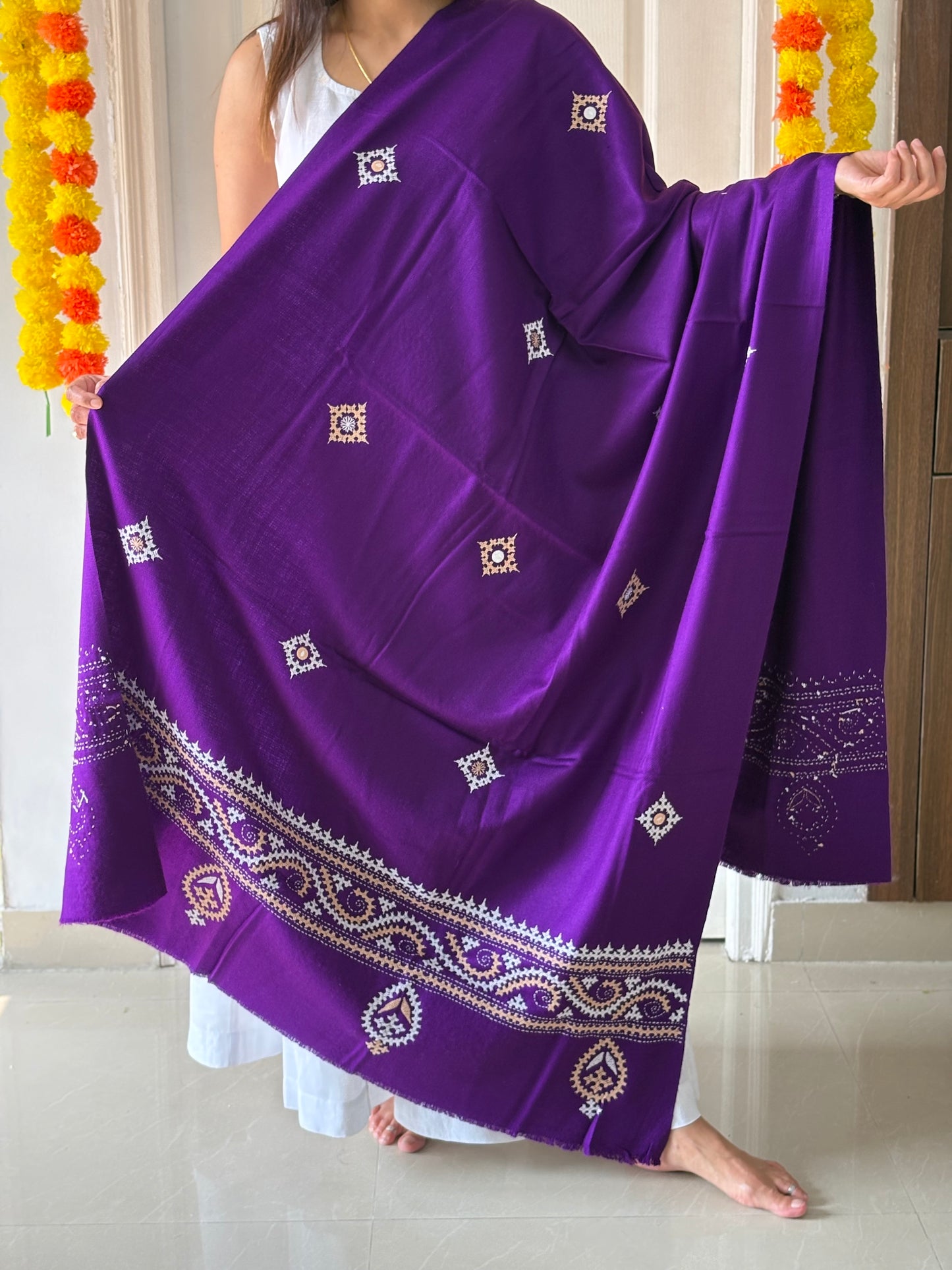 Gujrati Stitch Hand Embroidered Woollen Warm Shawl