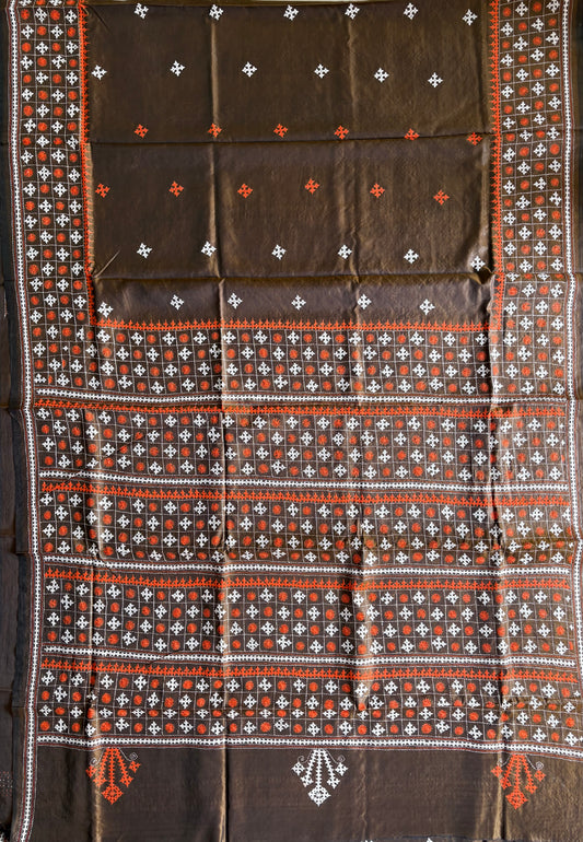 Gujrati Stitch/Kutch Hand Embroidered Art Silk Saree