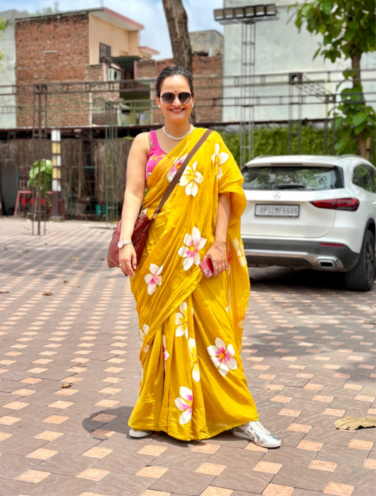 Hand Painted Mul Cotton Saree - Mustard