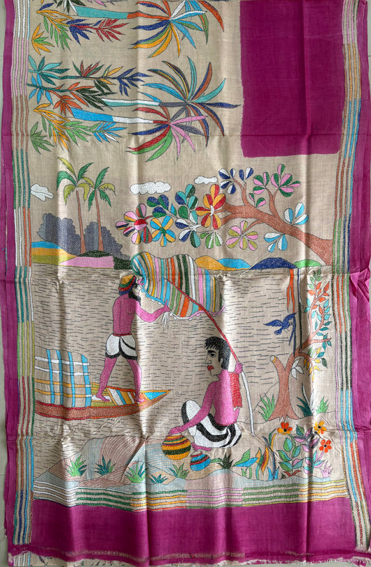 Kantha Stitch Hand Embroidered Pure Gachi by Gachi Tassar Silk Saree (Silk Marked)