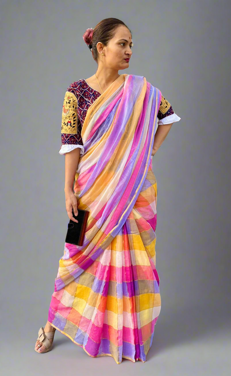 Mul Cotton Check Stripes Golden Lining Saree