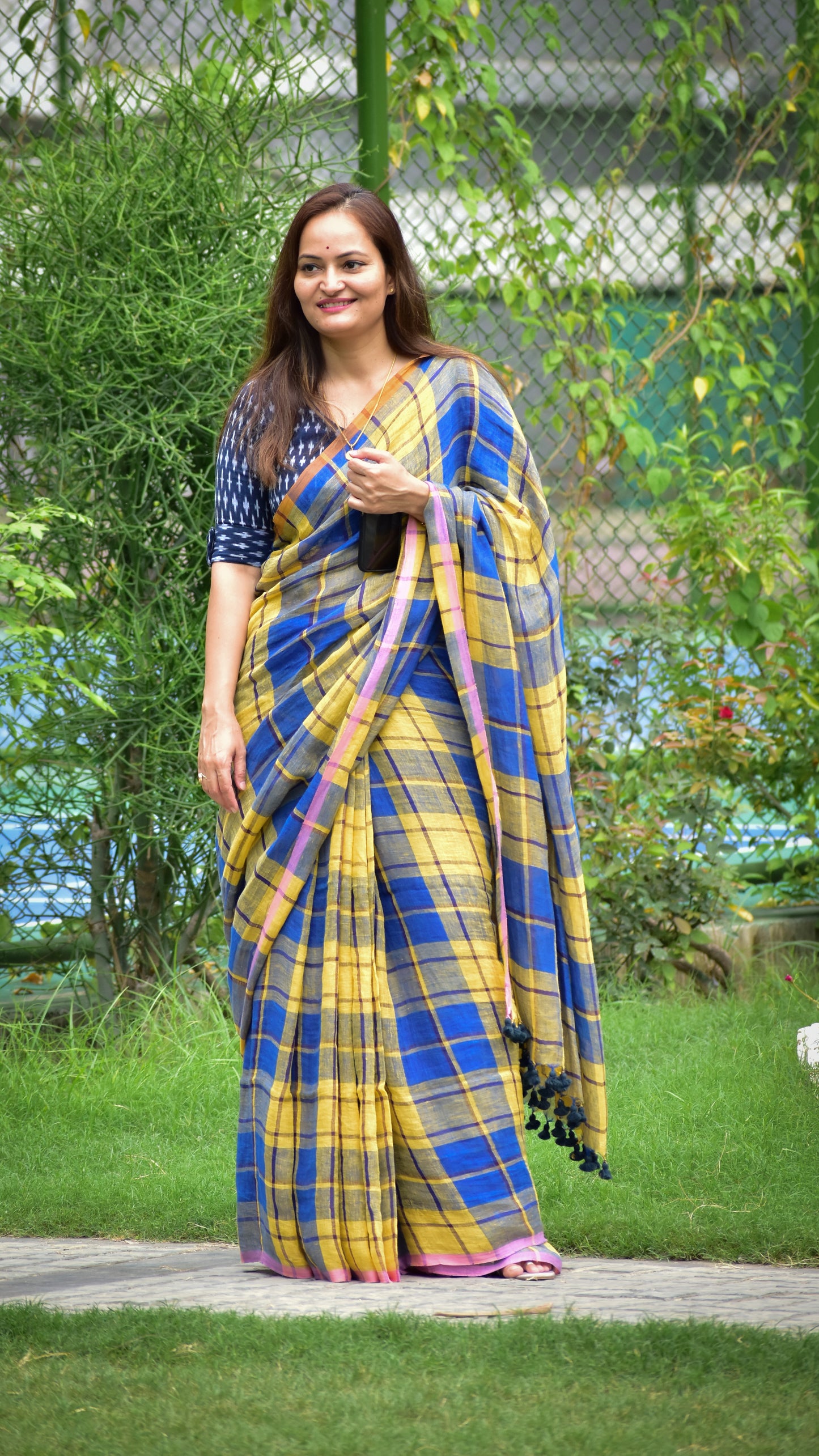 Pure Jayshree Linen Saree | Checks | Blue - Yellow