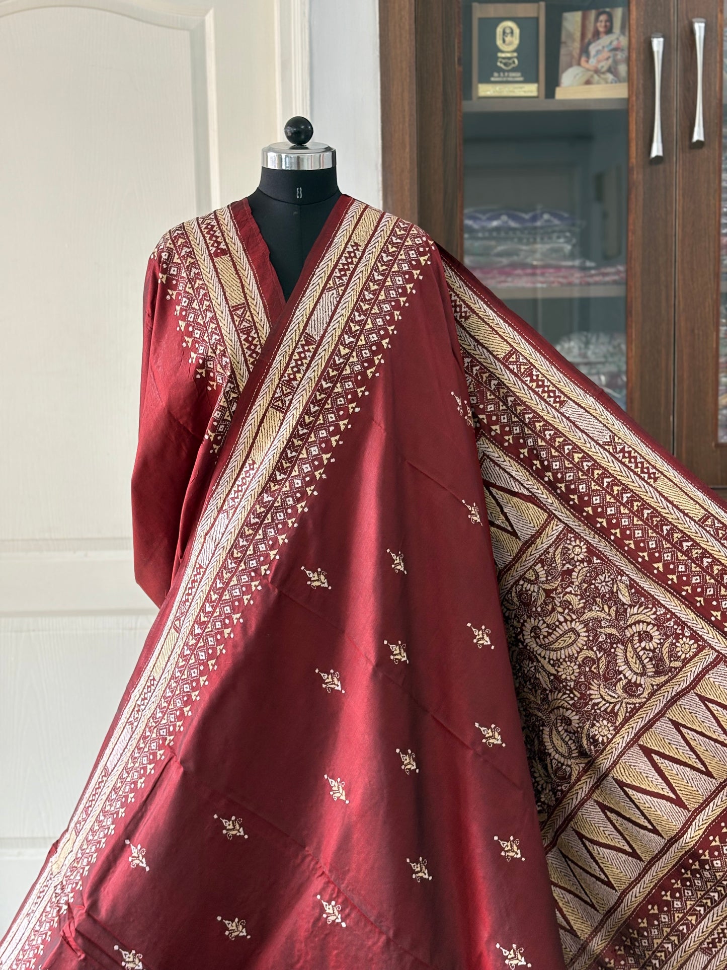 Kantha Stitch Hand Embroidered Pure Banglore Silk Saree (Silk Marked)