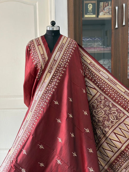 Kantha Stitch Hand Embroidered Pure Banglore Silk Saree (Silk Marked)
