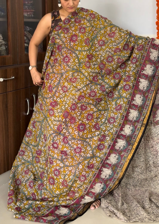 Kalamkari printed Kota doria Saree  with blouse