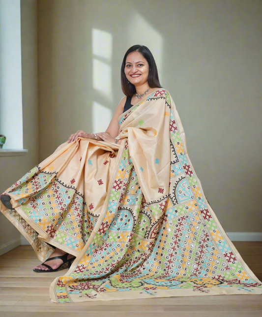 Gujrati/Kutchi Work Hand Embroidered Tusshar Silk Saree