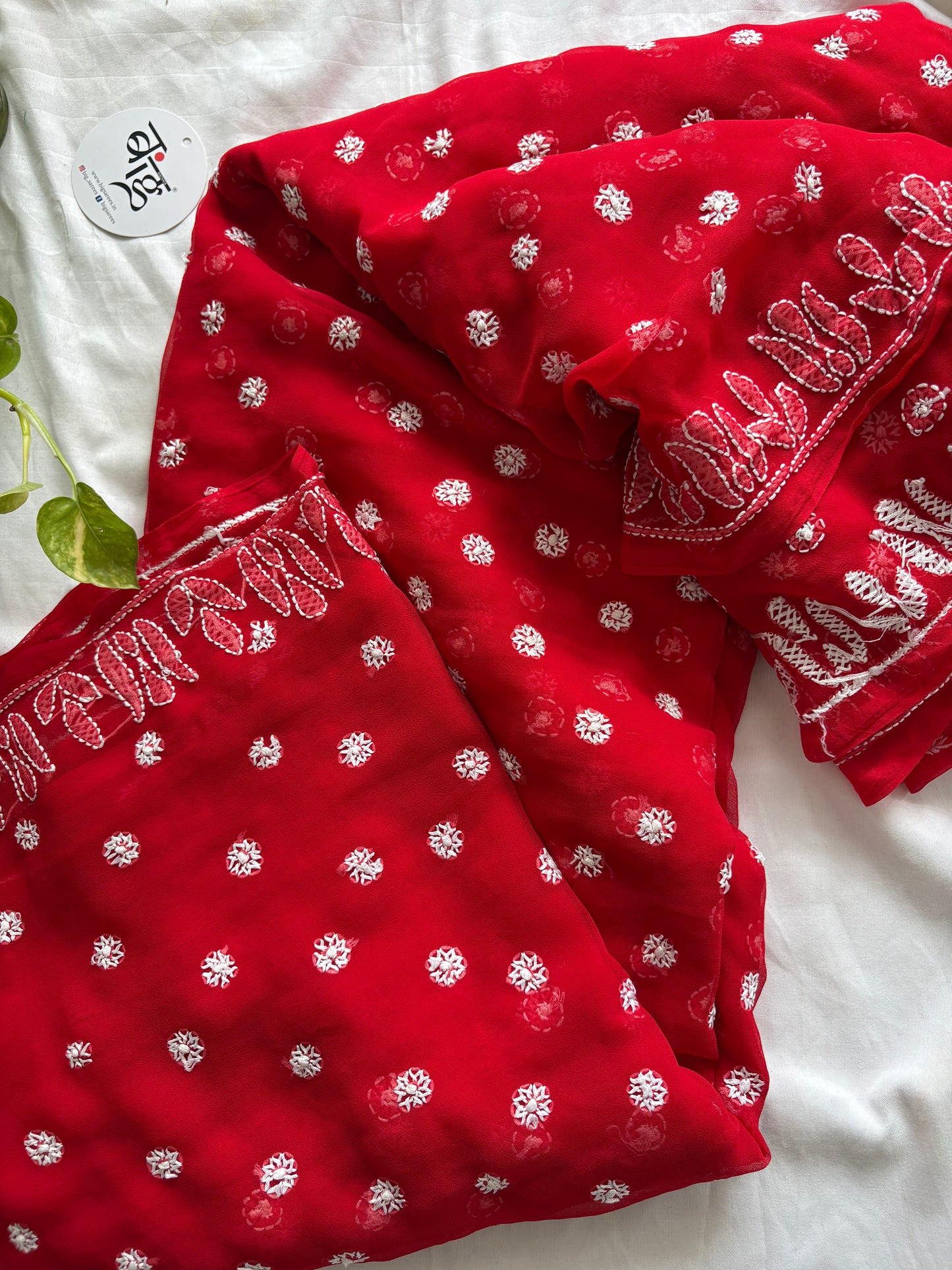 Chikankari Hand Embroidered Saree | Semi Georgette | Red
