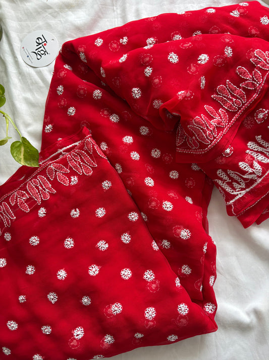 Chikankari Hand Embroidered Saree | Semi Georgette | Red