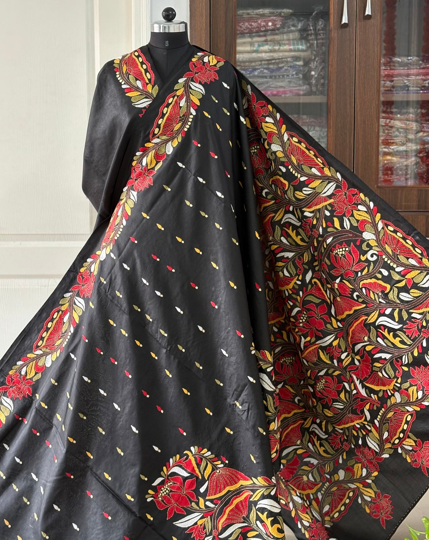 Black Kantha Stitch Hand Embroidered Pure Banglore Silk Saree (Silk Marked)