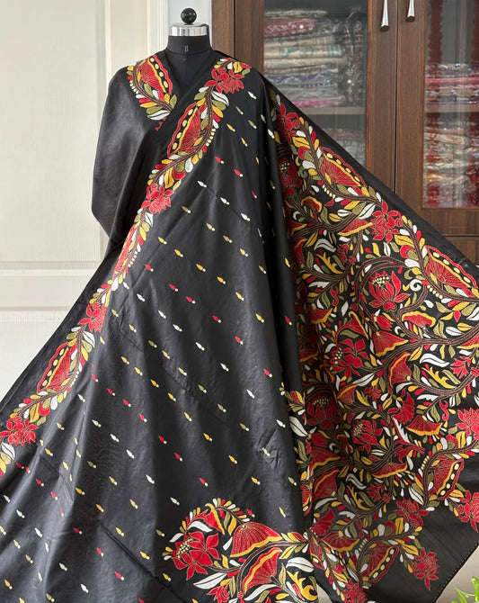 Black Kantha Stitch Hand Embroidered Pure Banglore Silk Saree (Silk Marked)