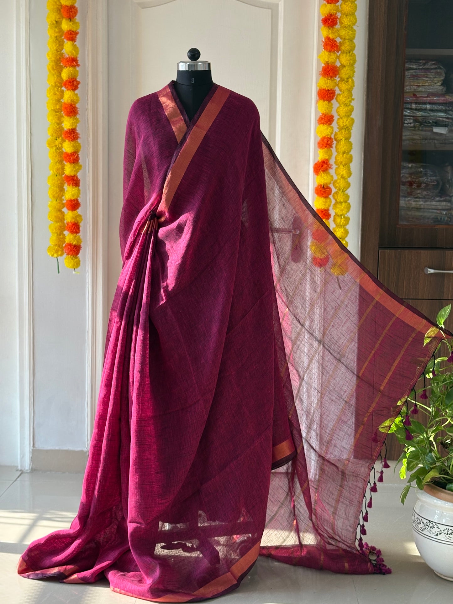 Linen By Linen Saree With Blouse -purple