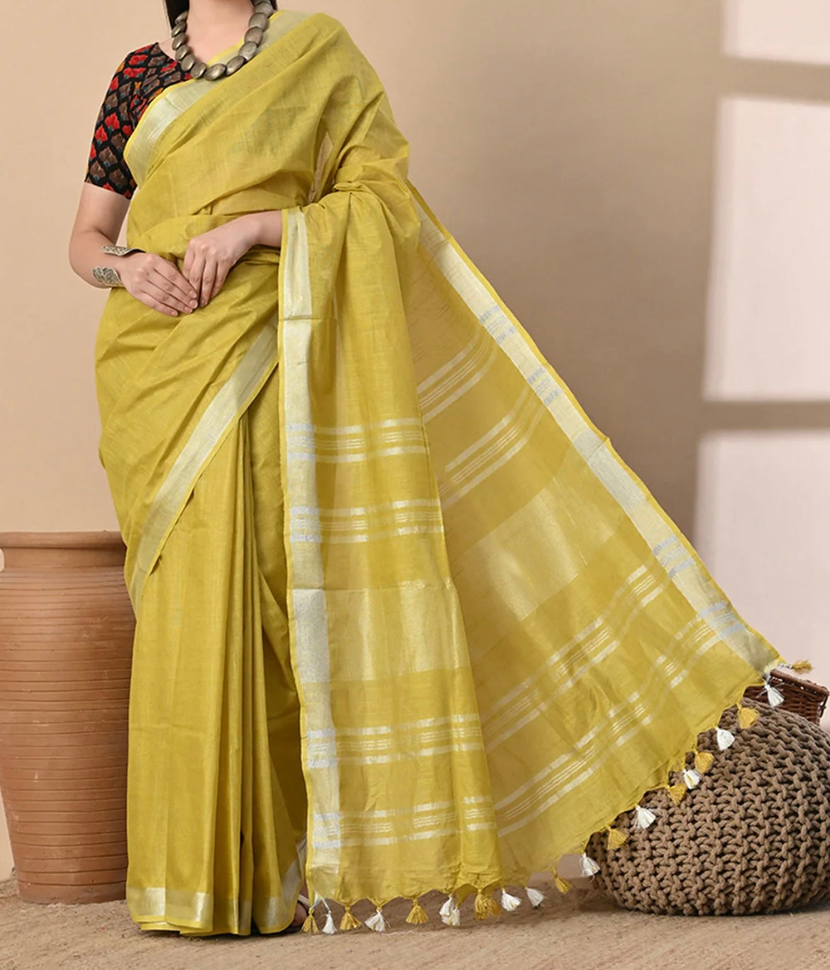 Cotton Linen Saree With running Blouse