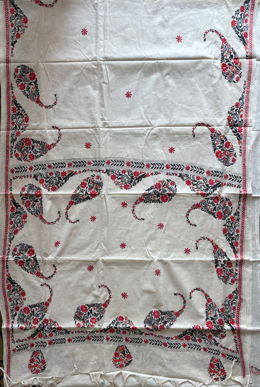 Kantha stitch Khadi Cotton Saree - Off white
