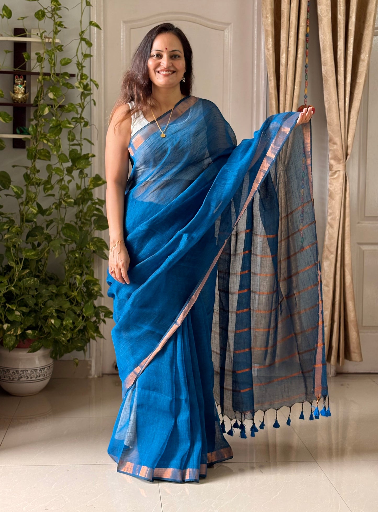 Blue Linen By Linen Saree With Blouse
