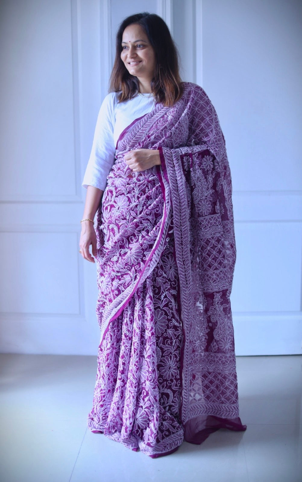 Ultra wine Chikankari Work Hand Embroidered Georgette Saree