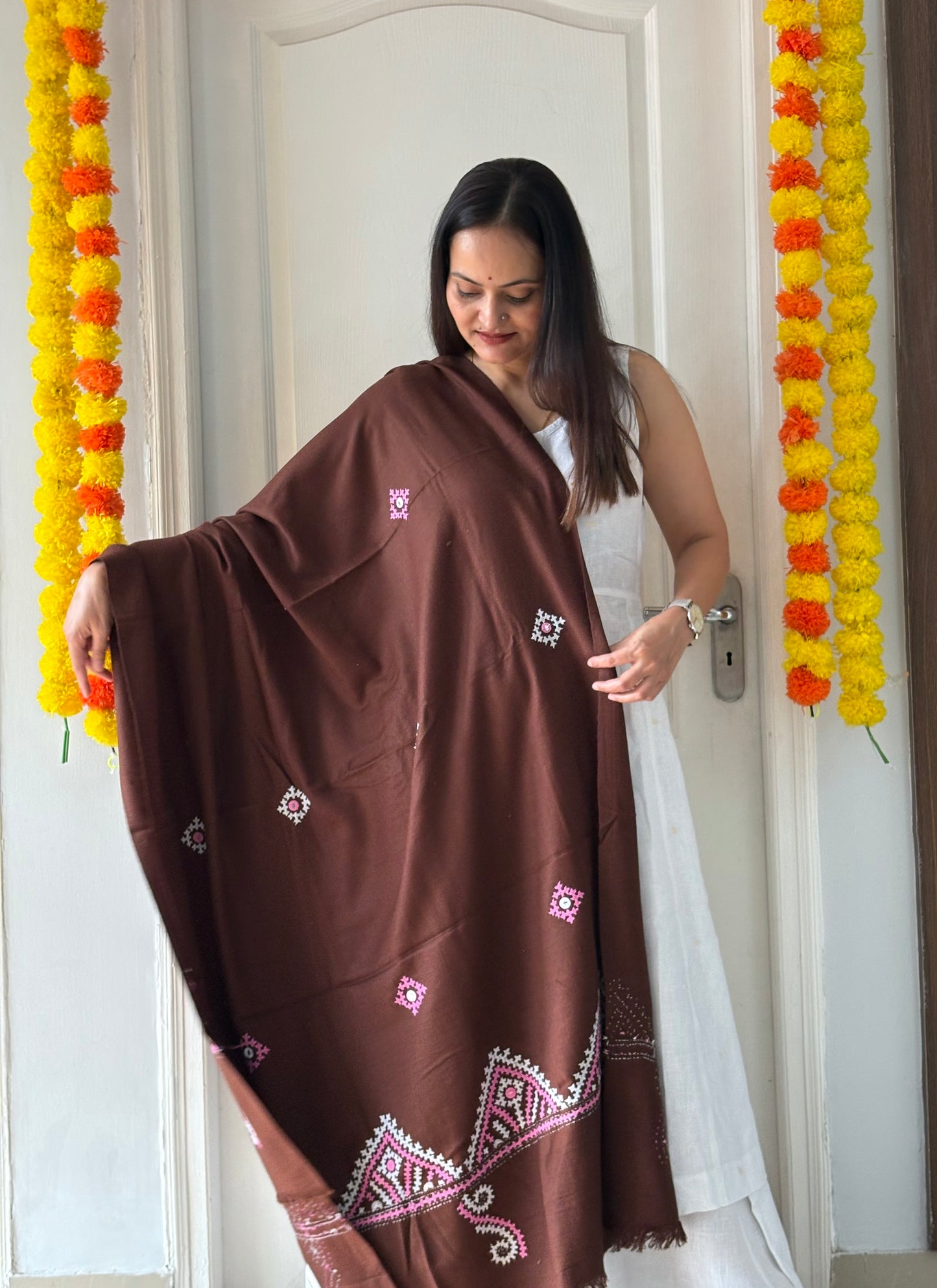 Gujrati Stitch Hand Embroidered Woollen Warm Shawl (brown)