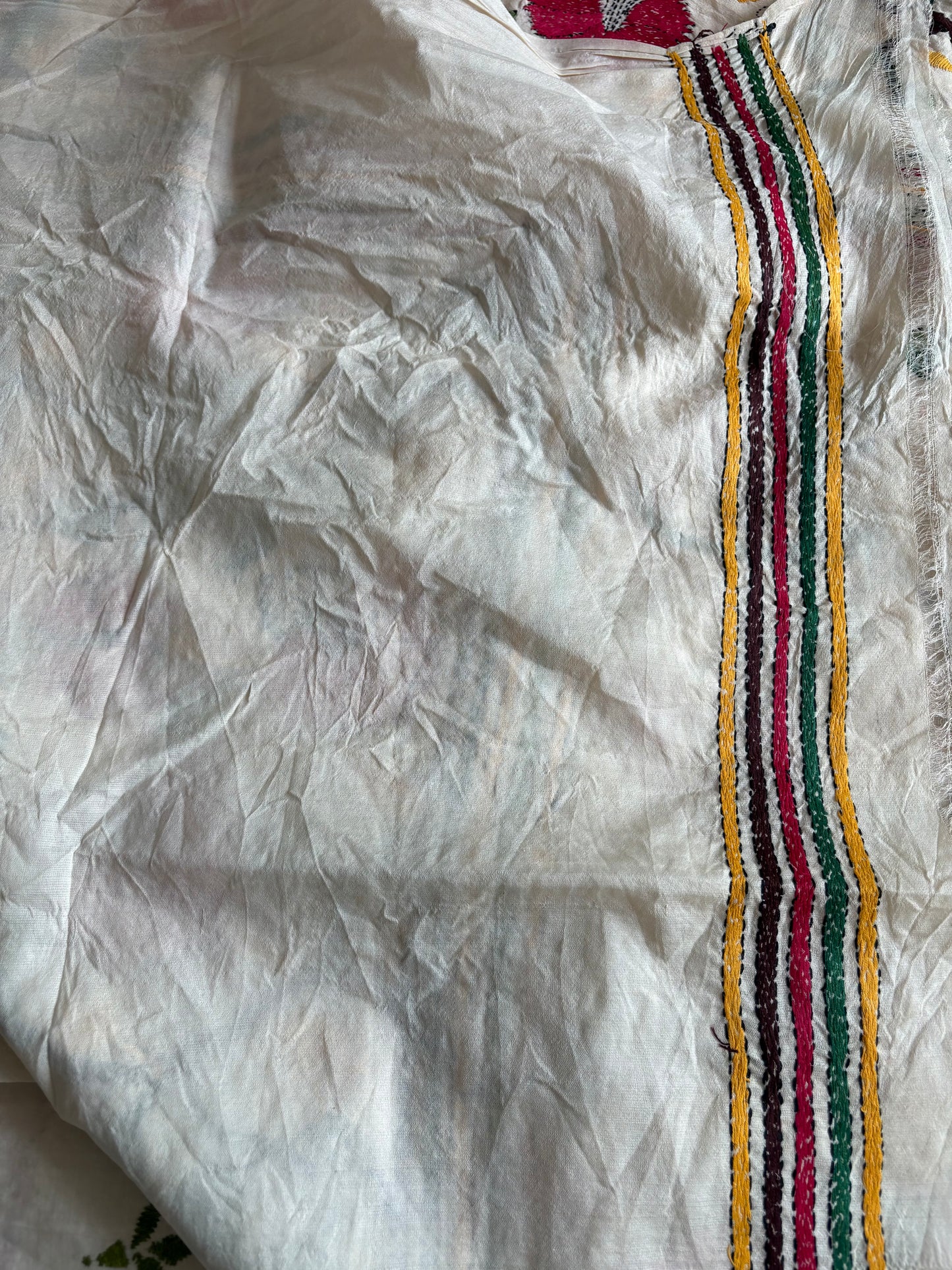 Off White Kantha Hand Embroidered Tussar Silk Saree