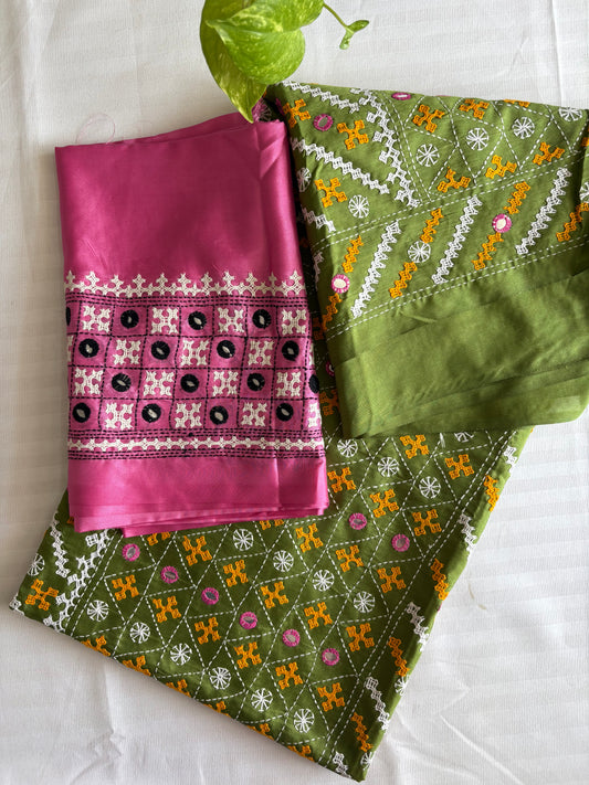 Green Gujrati Stitch/Kutch Hand Embroidered Art Silk Saree