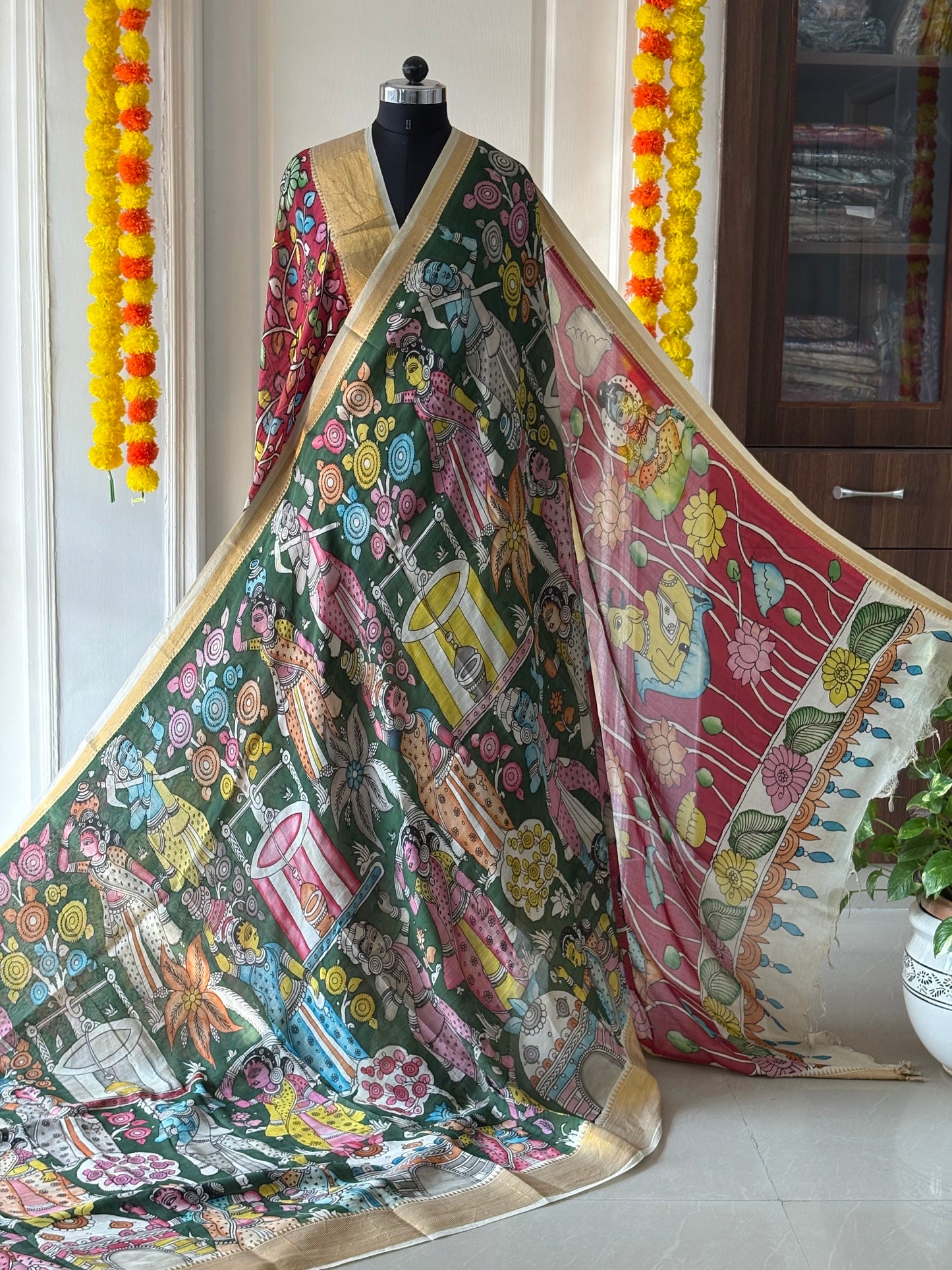 Pen Kalamkari hand painted Banglore Silk Saree with blouse