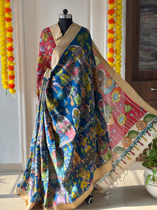 Pen Kalamkari hand painted Banglore Silk Saree with blouse