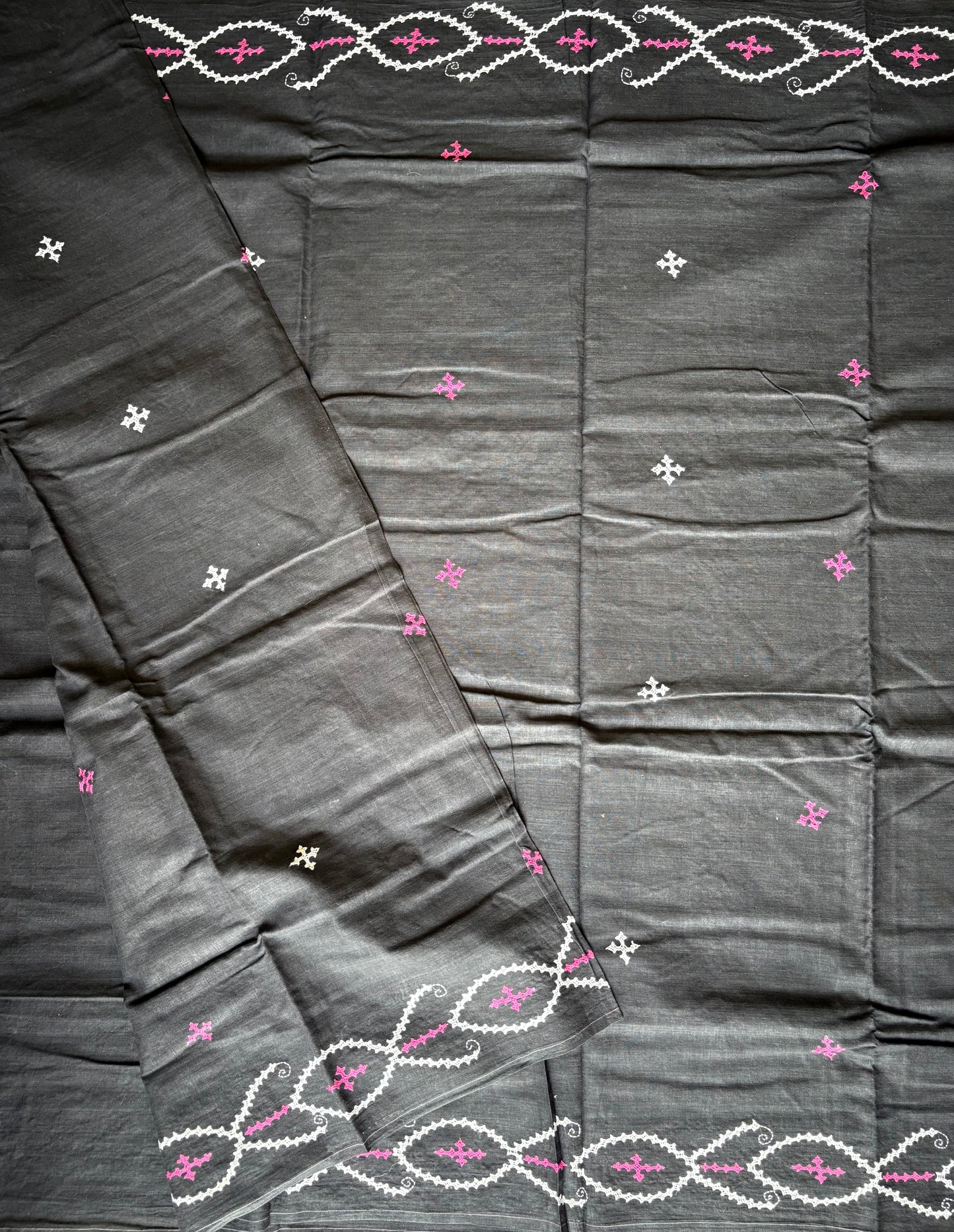 Kutchi work Hand Embroidered Pure Cotton Saree – Black