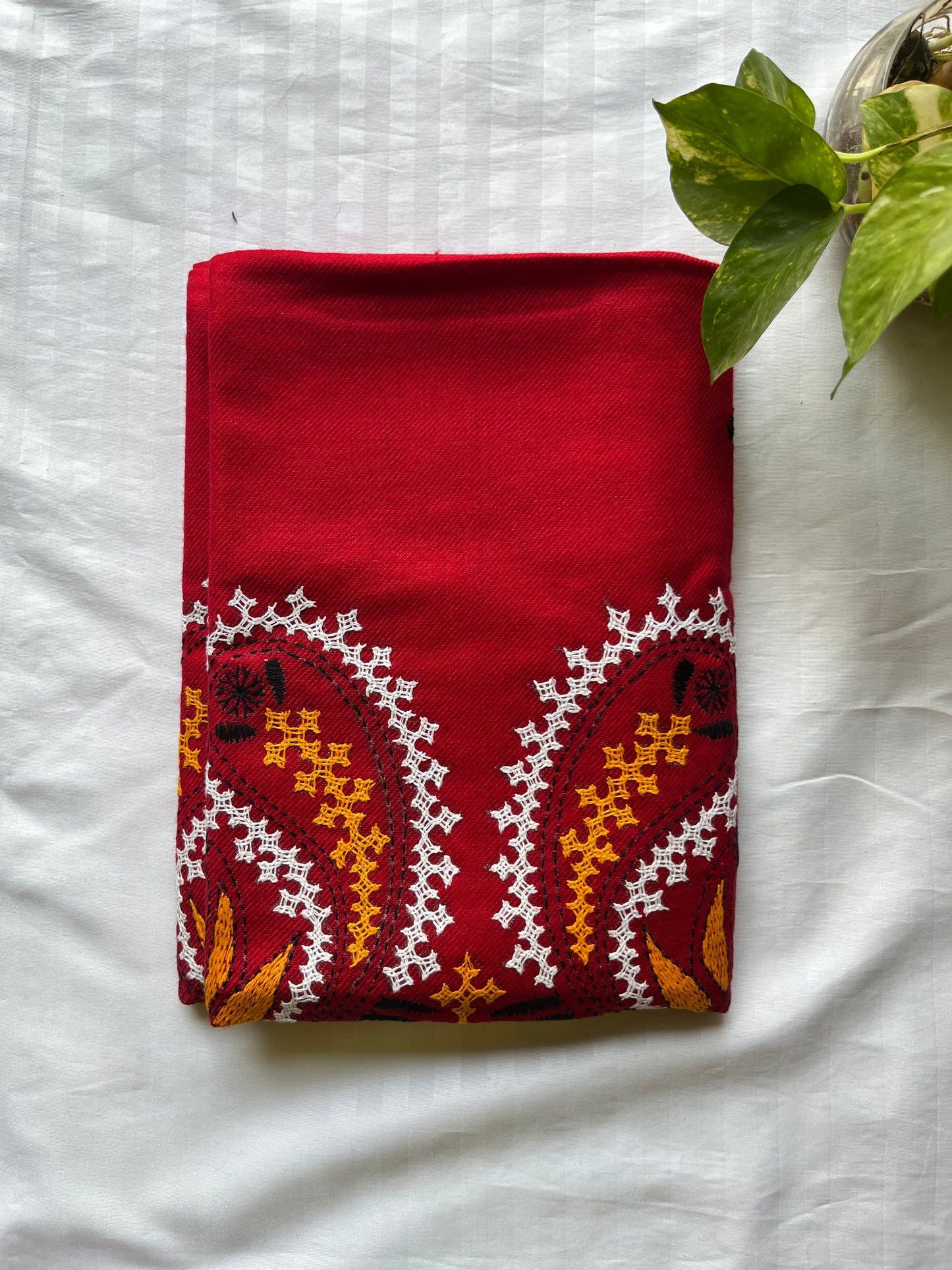 Gujrati Stitch Hand Embroidered Woollen Warm Shawl (Red)