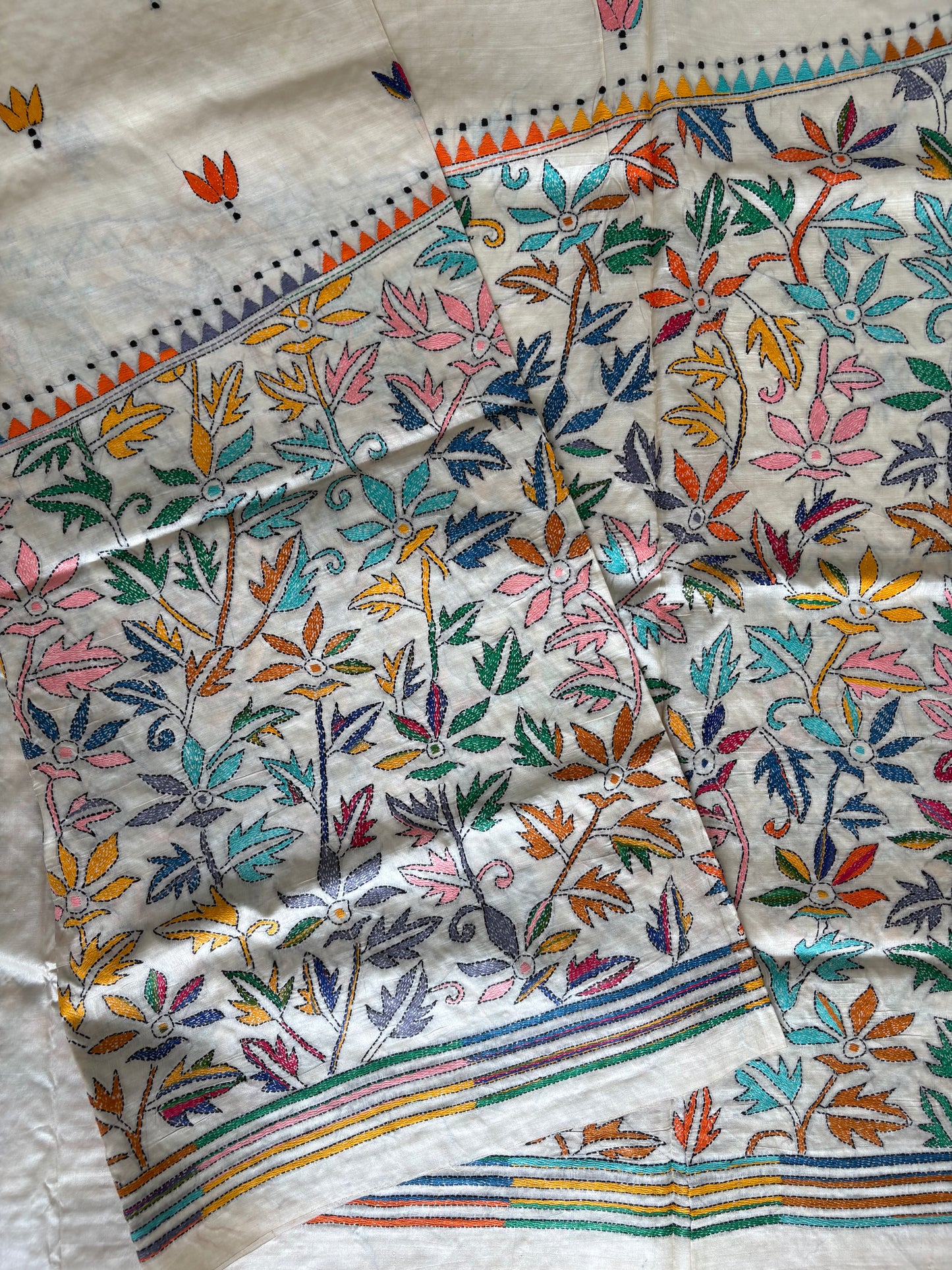 Off White Kantha Hand Embroidered Pure Tassar Silk Saree