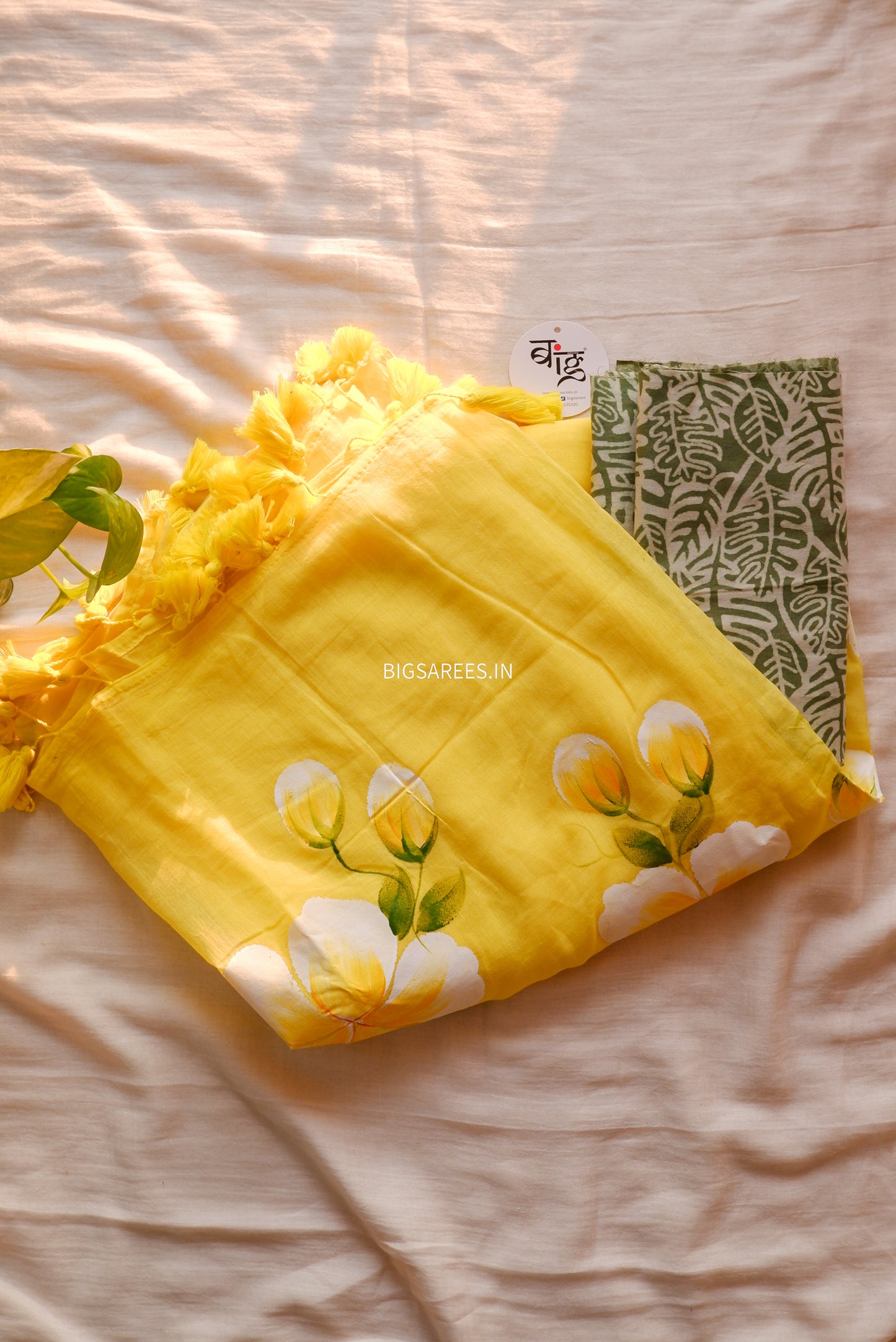 Hand Painted Mul Cotton Saree with Blouse | Yellow