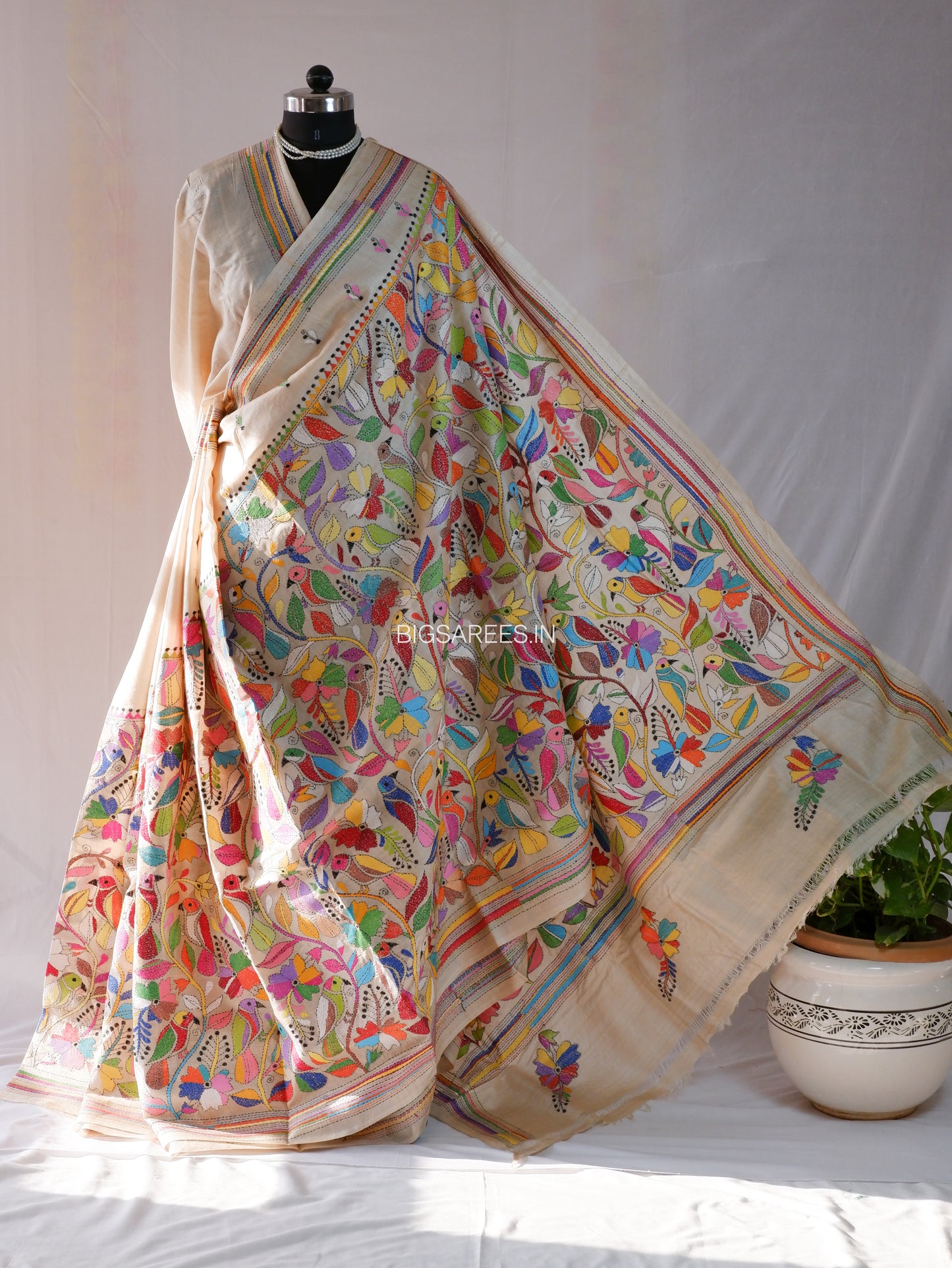 Kantha Stitch Hand Embroidered Saree | Pure Tussar Silk | Silk Mark Certified | Light Beige