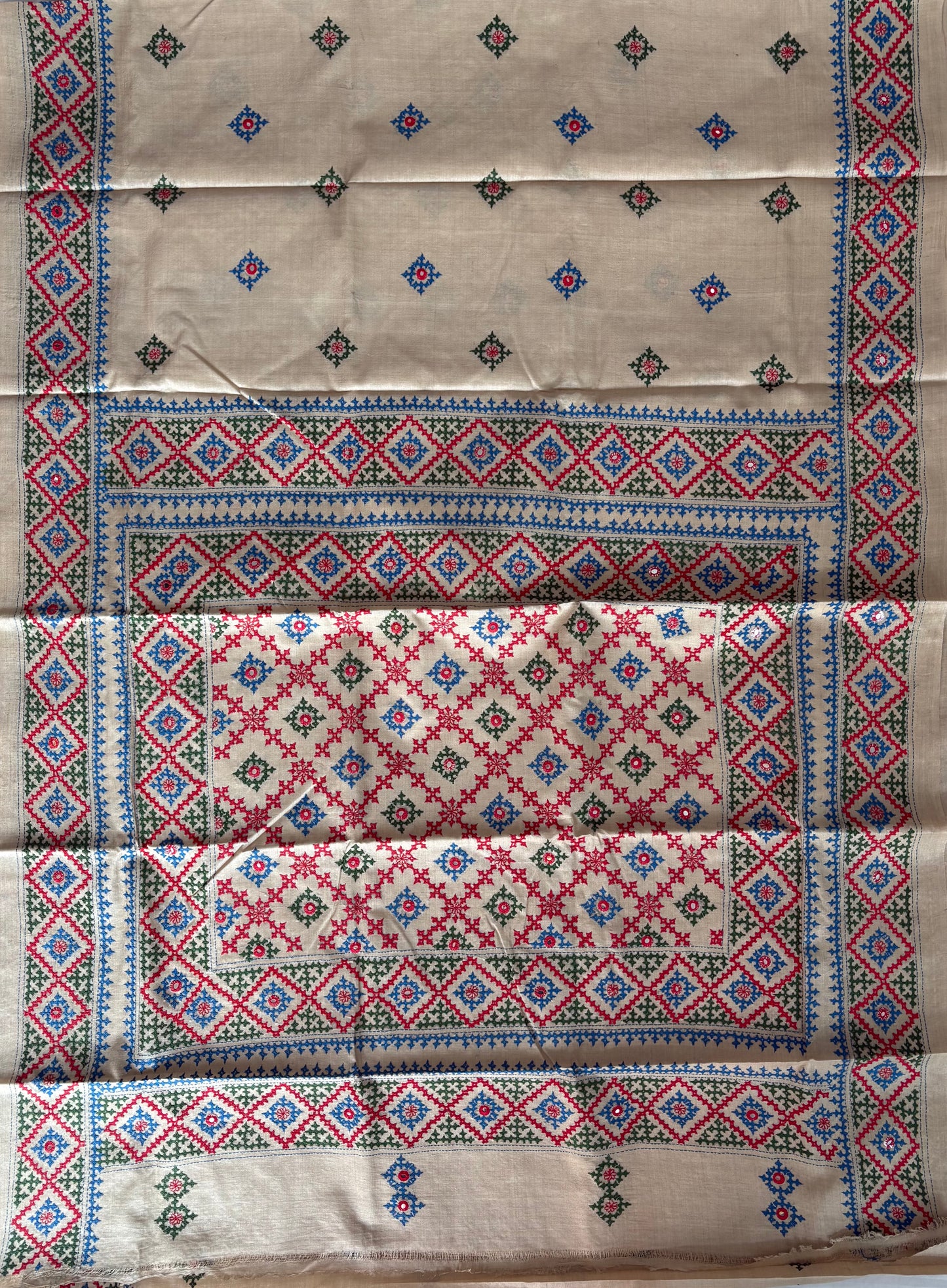 Kutchi Hand Embroidered Saree | Pure Gachi by Gachi Tassar Silk | Silk Marked | Off-White