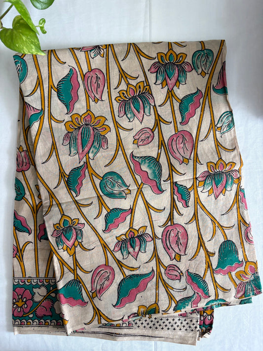 Kalamkari printed malmal cotton Saree with blouse