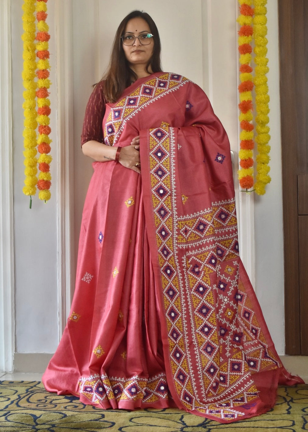 Kutchi Hand Embroidered Saree | Pure Tassar Silk | Silk Marked | Pinkish/Red