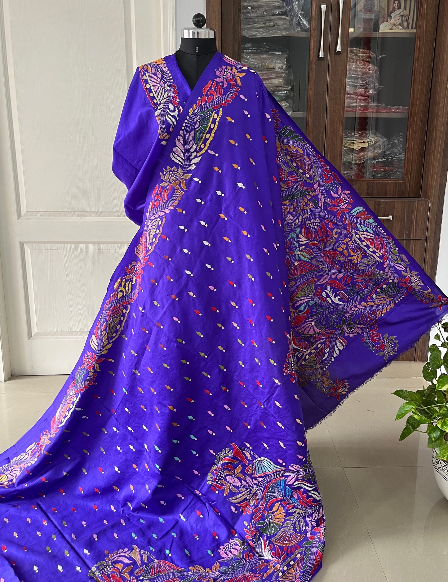 Blue Kantha Stitch Hand Embroidered Pure Banglore Silk Saree