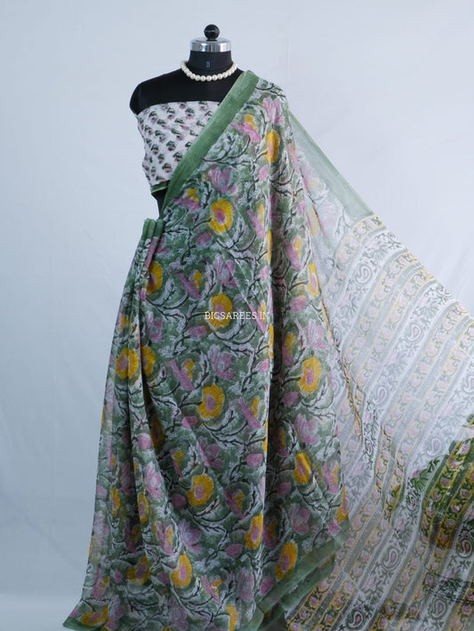 Hand Block Print Saree | Pure Chiffon | Green
