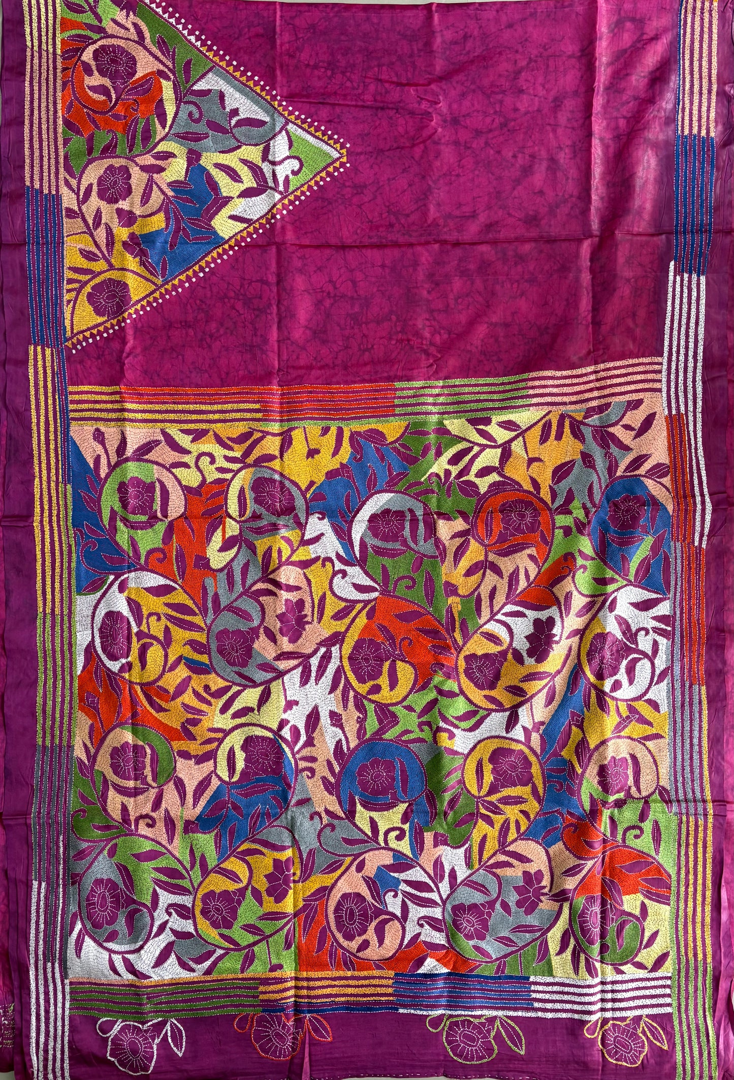 Reverse Kantha Stitch Hand Embroidered Art Silk Saree With Blouse