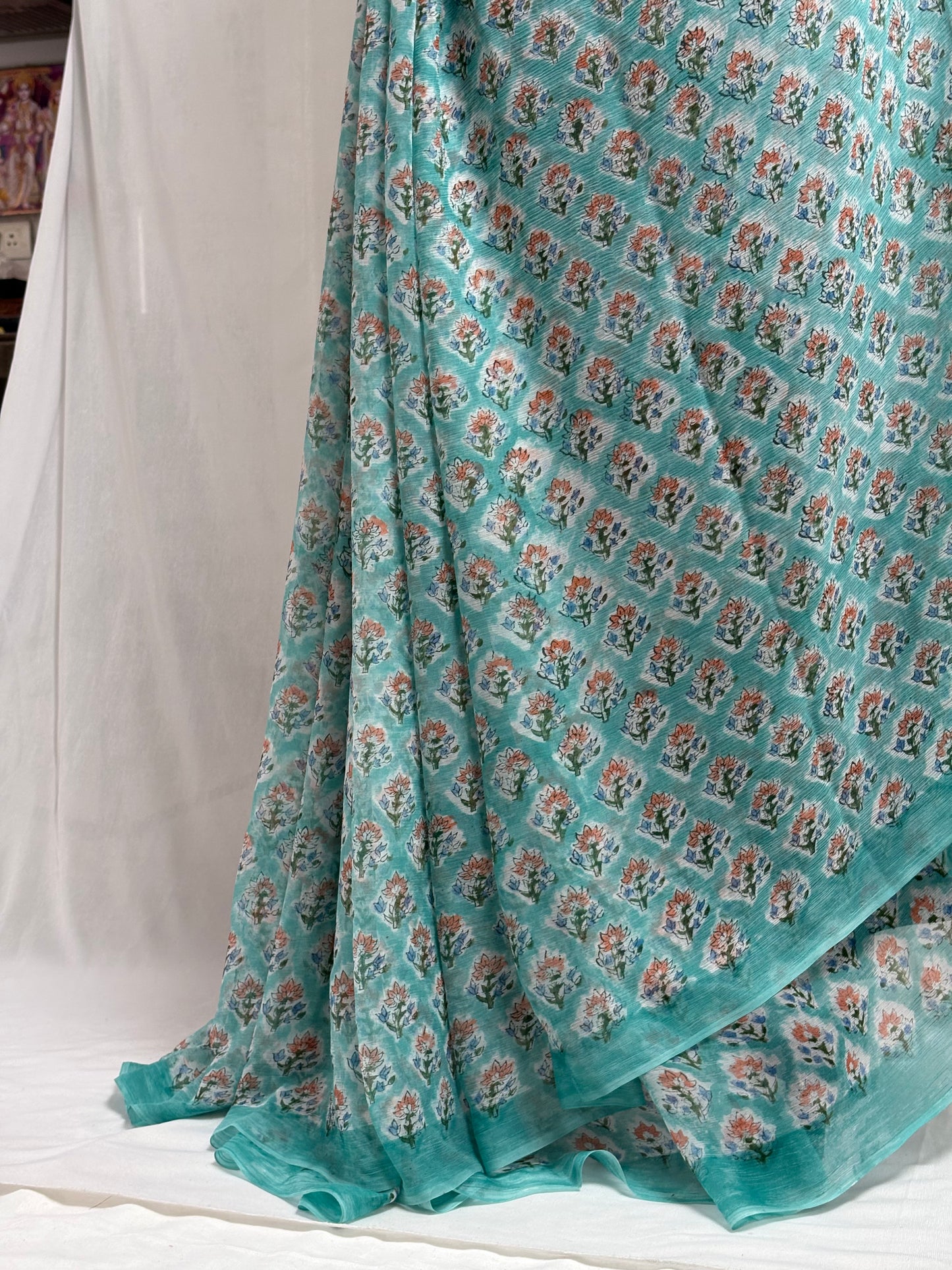 Hand Block Print Saree | Pure Chiffon | Sea Green